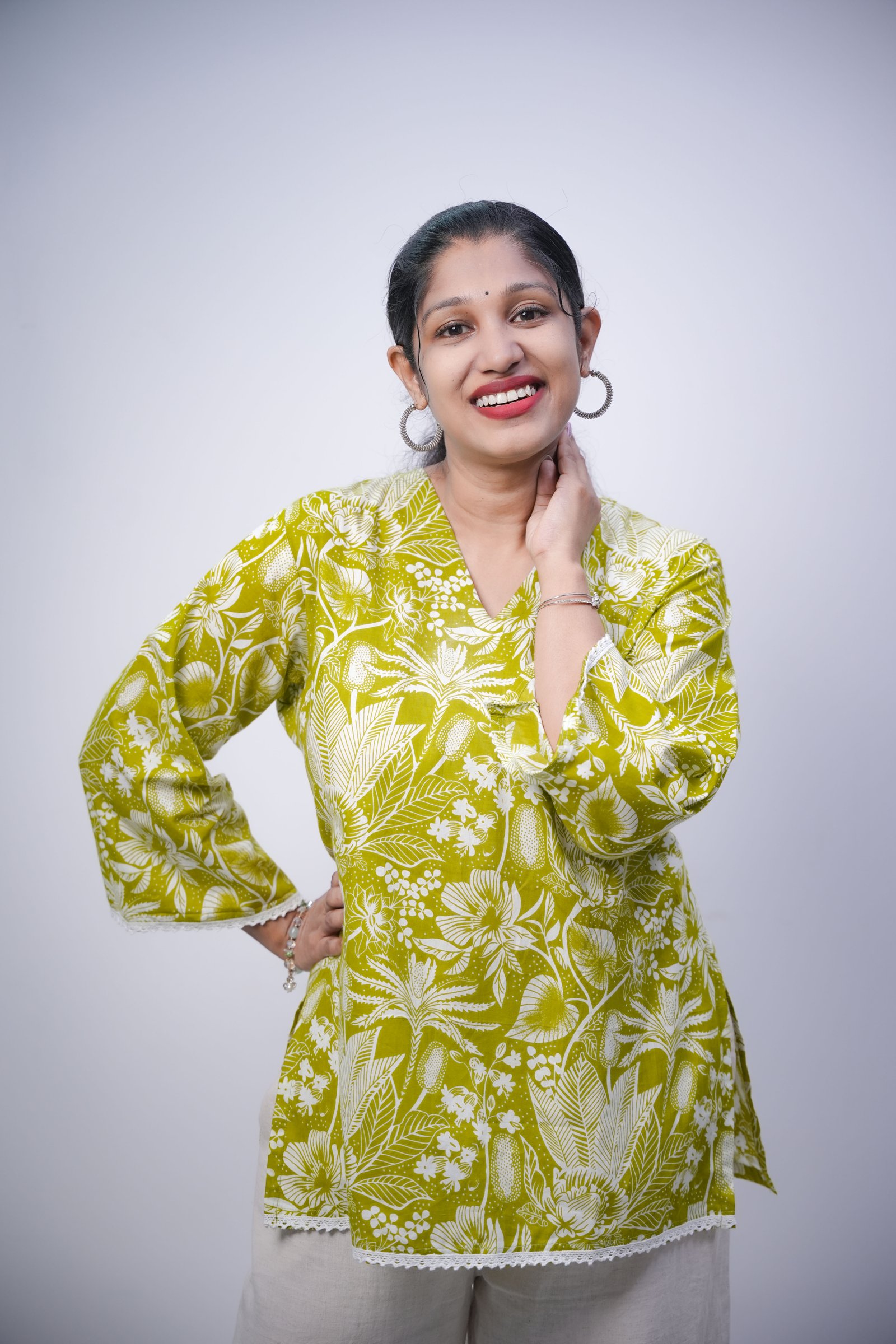 Lime Green Floral Print Cotton Short Kurt